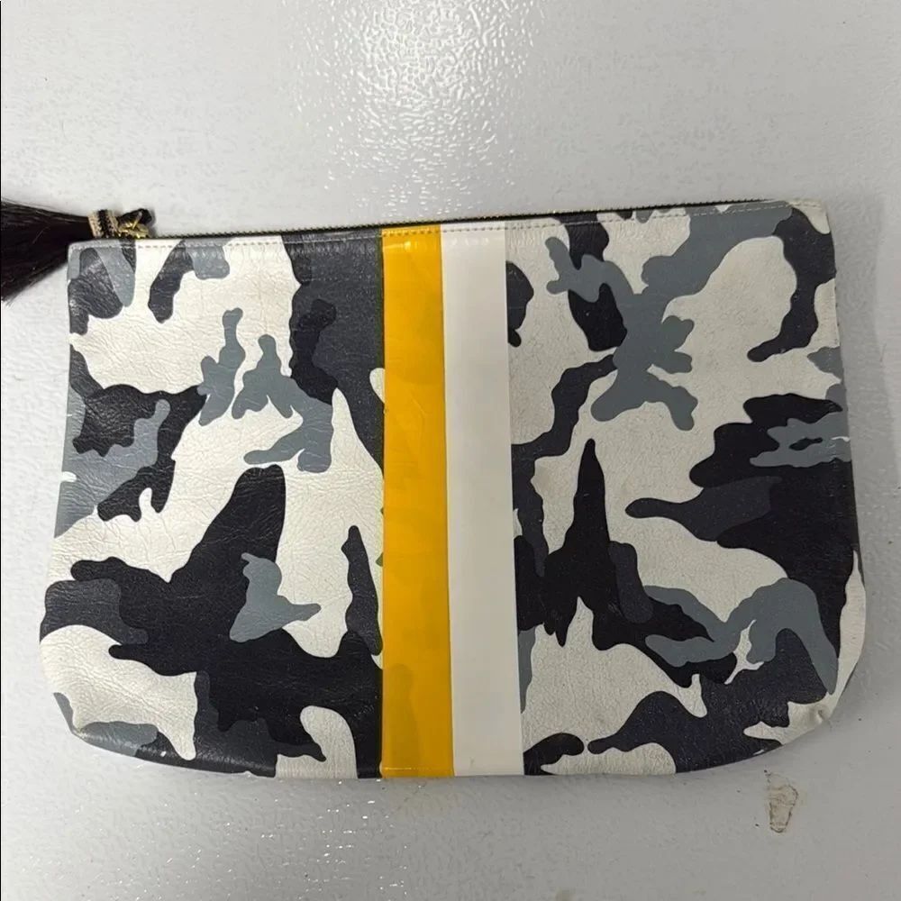 Camouflage Leather Clutch Bag with Yellow Stripe - LIKE NEW - Zipper Top